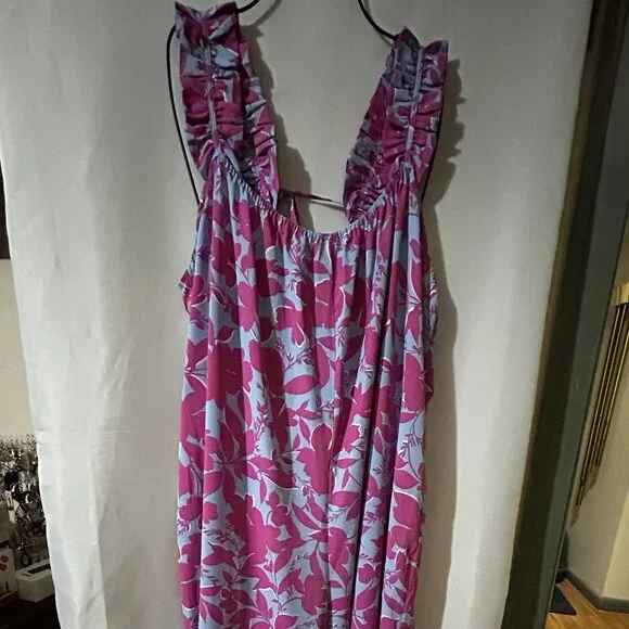 Kori Plus 1XL Floral Ruffle Jumpsuit Baby Blue Magenta Cottagecore NWOT - Picture 3 of 9